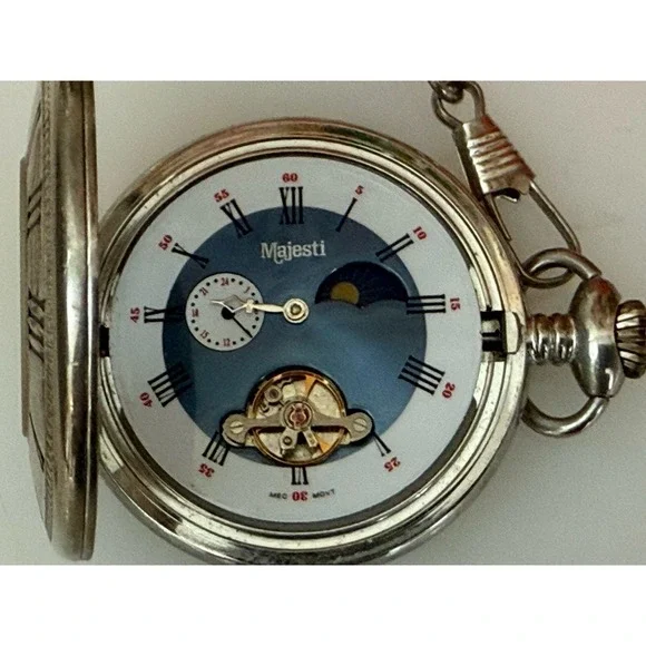 2002 Majesti Pocket Watch with Inscription In Back As is Chain Silver‎ Tone Blue