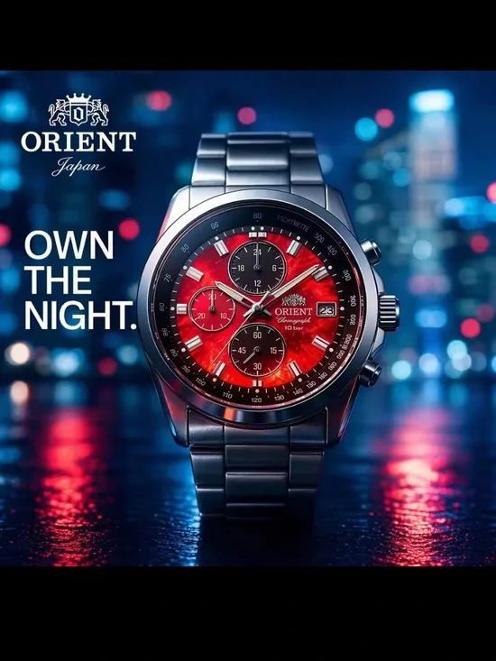 New Men’s Chronograph, Mechanical Stainless Steel Watch with Red Dial
