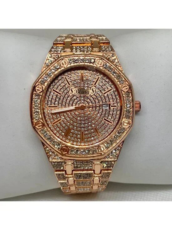 Bling iced men watch rose gold tone 41mm date indicator quartz up to 8” running
