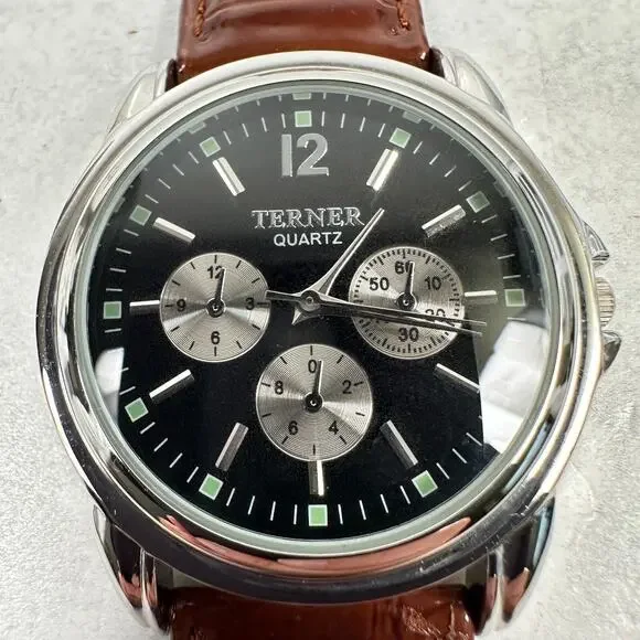 Bijous Terner Watch Mens 35mm Silver Tone Brown Leather Band New Battery