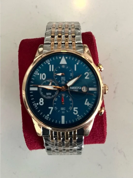 NIBOSI Quartz Blue Dial Two-Tone Chronograph Watch Men’s NW Box and Cloth