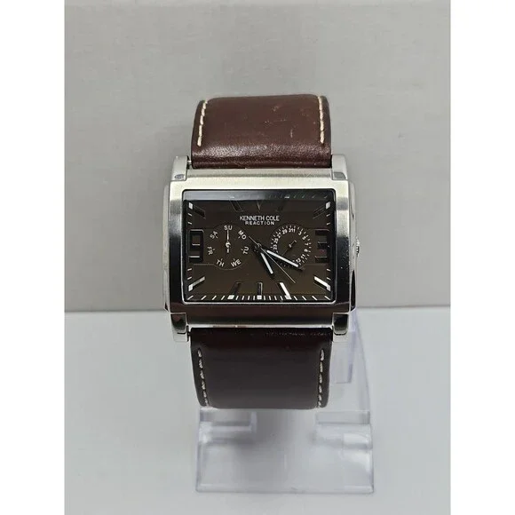 Kenneth Cole Reaction Mens Tank Brown Dial Date Leather Watch New Battery *READ