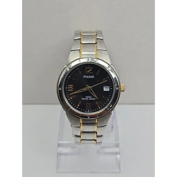 Pulsar by Seiko Mens 38mm Two Tone Date 100M Stainless Steel Watch New Battery