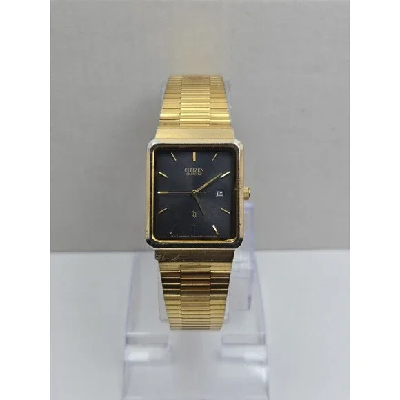 Vintage Citizen Mens Quartz Gold Tone Tank Black Dial Calendar Watch New Battery