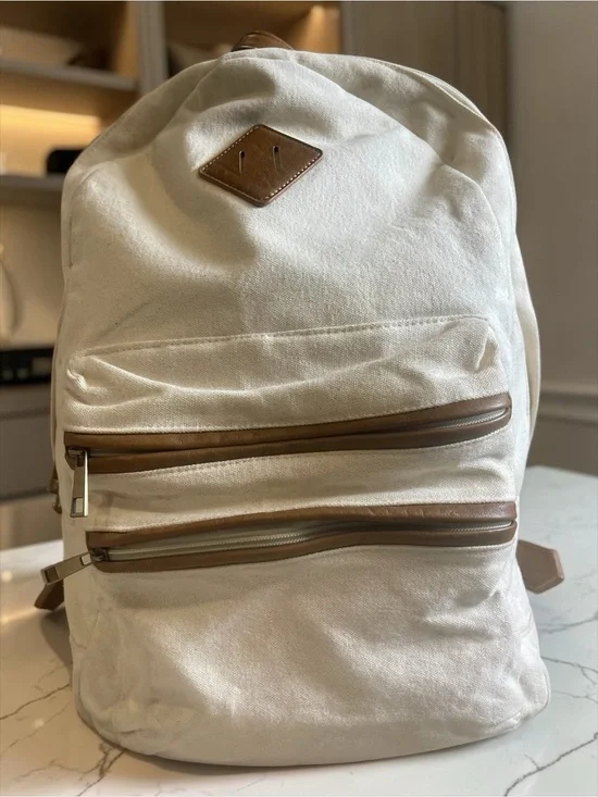 Canvas Backpack Cream White Brown Faux Leather Trim Travel School Bag