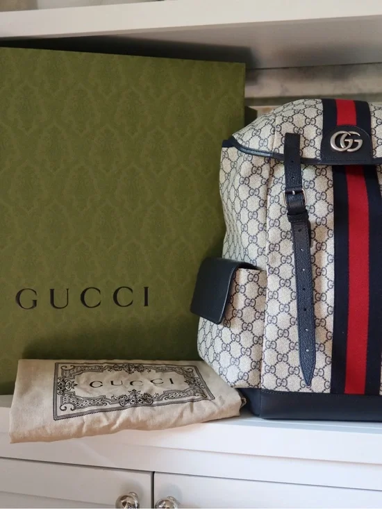 Gucci Beige GG Canvas Backpack with Blue Leather & Red/Navy Web Stripe