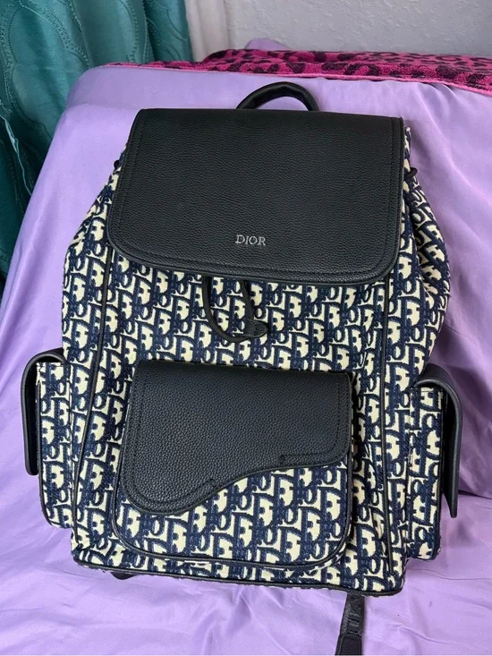 Dior Black Leather-Trim Blue & Cream Monogram Backpack