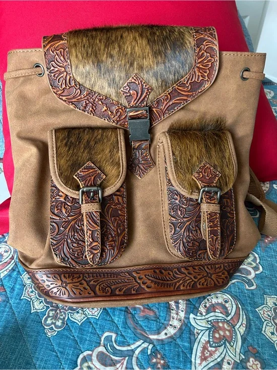 Trinity Ranch Brown Western Tooled Leather-Accented Women’s Backpack purse.