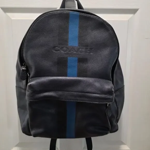 Coach Charles Backpack Pebble Leather Midnight Navy Varsity Stripe