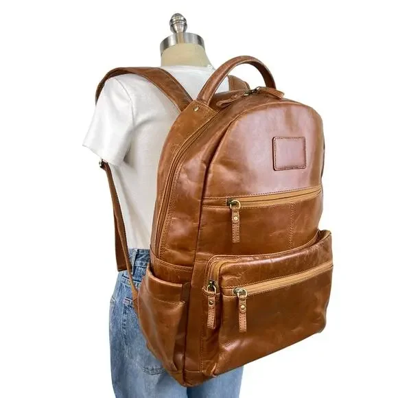 Genuine Leather Laptop Travel Backpack with Trolley Strap for Suitcase