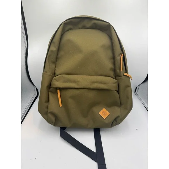 Timberland Olive Green Canvas Backpack Daypack School Bag with Leather Trim Logo