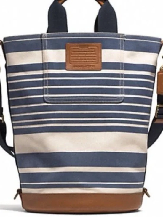 Coach Heritage Beach Navy and White Striped Canvas Backpack with Brown Trim