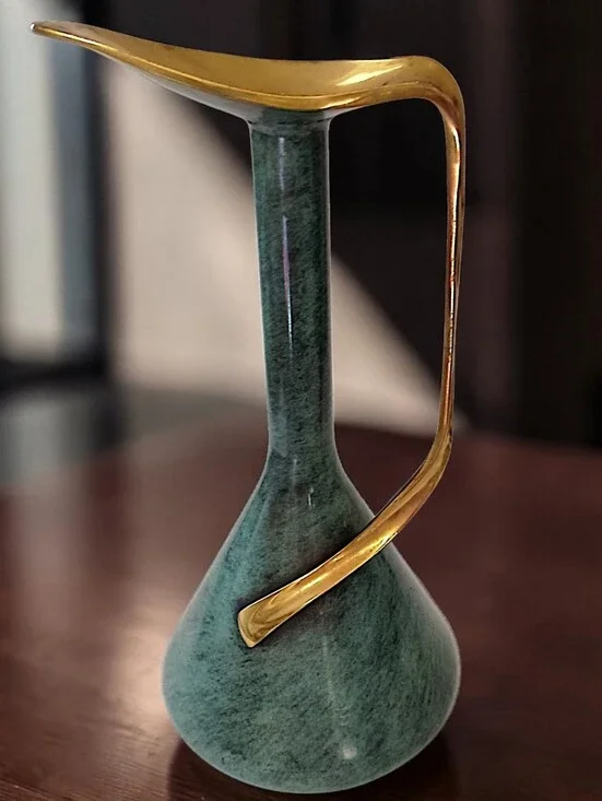 Vintage Pal Bell Brass Ewer Pitcher Israel Green Enamel MCM Modernist Freeform