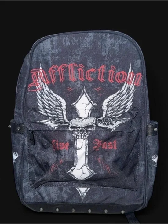 Affliction Black Backpack with White Winged Skull and Red Logo