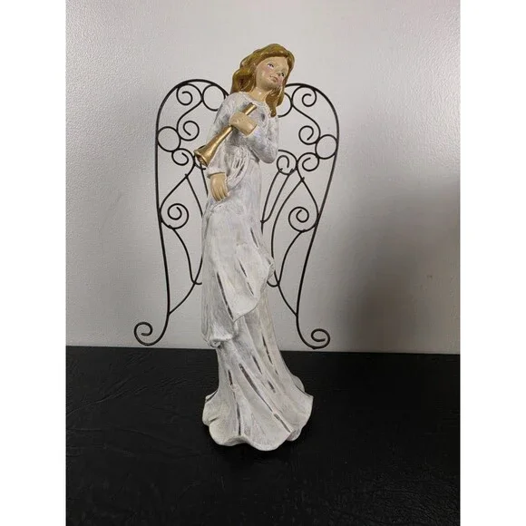 Vintage Rustic White Christmas Angel Figurine With Metal Wings Gold Trumpet 11