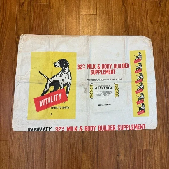 1950s Vitality Chicago Illinois 100 lbs Cattle feed bag canvas advertising decor