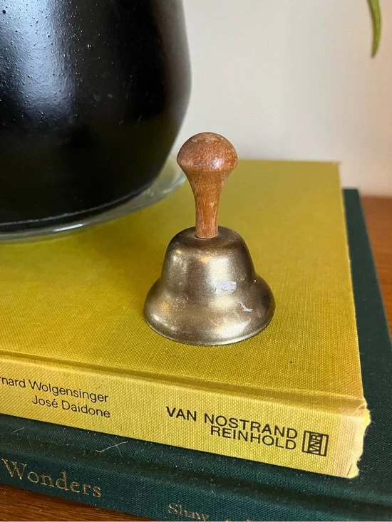 Vintage Small Hand Bell with Wooden Handle - Brass Tone