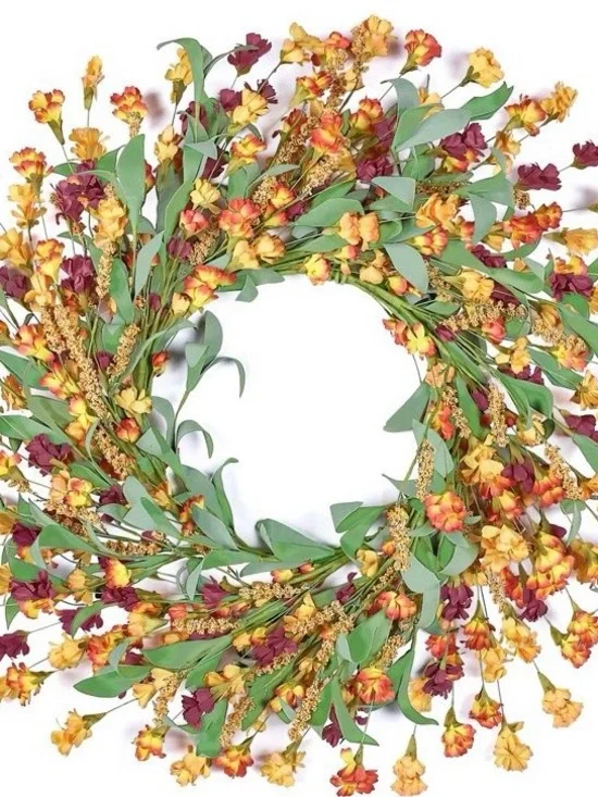 Autumn Floral Wreath - Yellow & Burgundy Faux Flowers