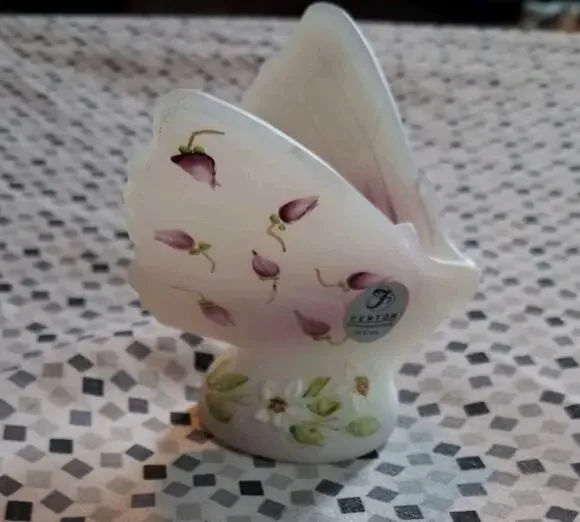 Fenton White Satin Hand Painted Butterfly Signed Figurine Statue Sculpture 3