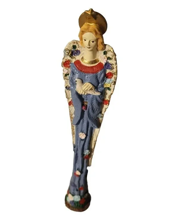 Vintage Pencil Angel Figurine Dove Blue Flower Decor Resin Rose Garden