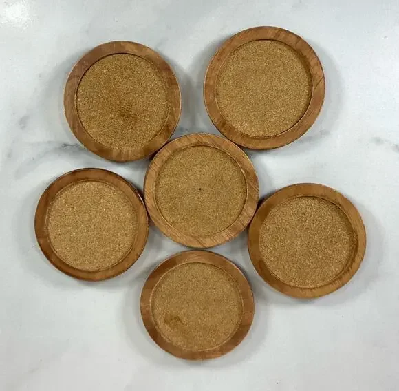 Vintage Set of 6 Wood Cork Coasters 70s