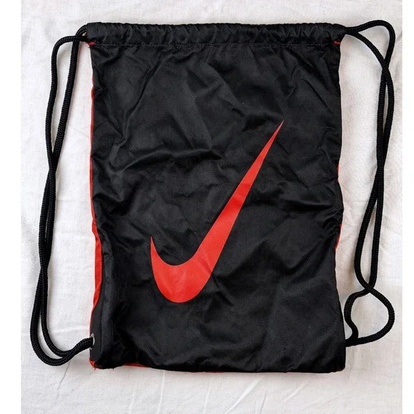 Nike Drawstring Backpack Black Red Swoosh Gym Sack Sport Bag Nylon 17x12.5x2