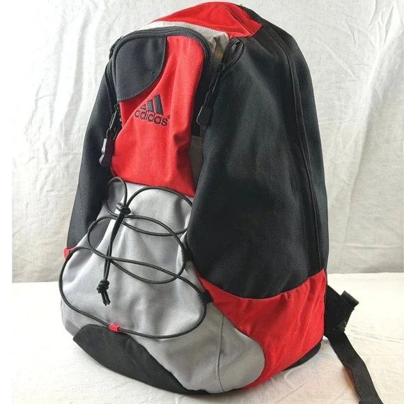 Adidas Backpack Red Black Grey 3-Pocket Bungee Sport School Bag A+ Condition Boy