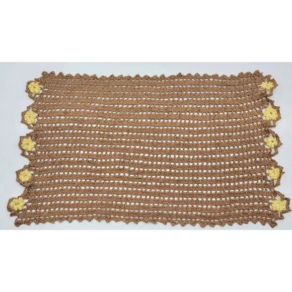 Rectangular Brown Crochet Cotton Doily Yellow Flowers Cottagecore Grannycore