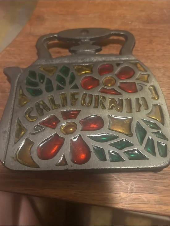 vintage California Floral Metal Trivet with Stained Glass Insets