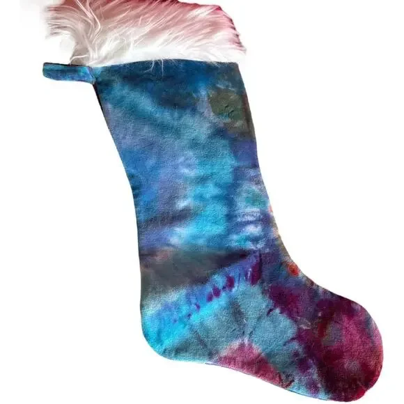 Christmas Stocking Handmade Tie Dye Blue Purple Pink Velour Hippie Holidays NEW