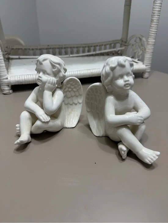 White Ceramic Cherub Angel Figurines - Set of 2