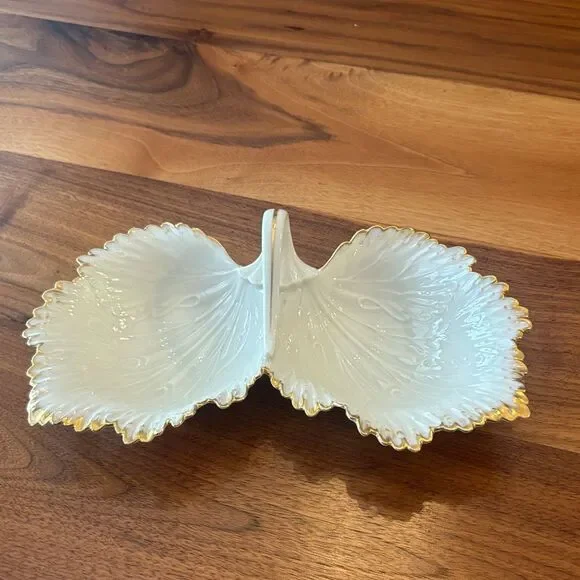 Lenox Double Leaf Leaves Cream Gold Candy Trinket Catch All Dish Made in USA