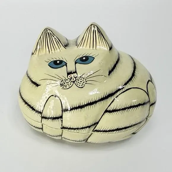 Vtg Sudha Cat Trinket Box Paper Mache Lacquer Black White Tiger Enamel Folk Art