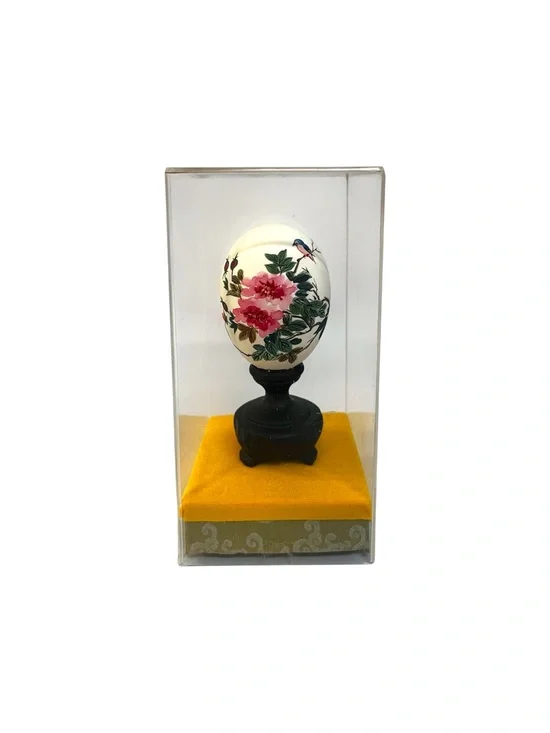 Vintage Chinese Hand Painted Egg Bird Peony Flowers Signed Plastic Display Case