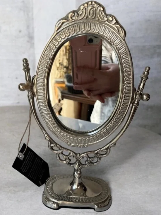 Silver tone metal antique style vanity mirror adjustable free standing 10” high