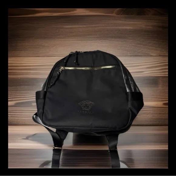 Versace Black Backpack with Gold-Zip Accent