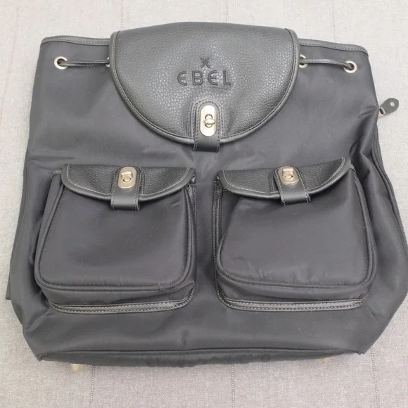 Ebel Black Nylon Faux Leather Turn Lock Cinch‎ Top Travel Backpack