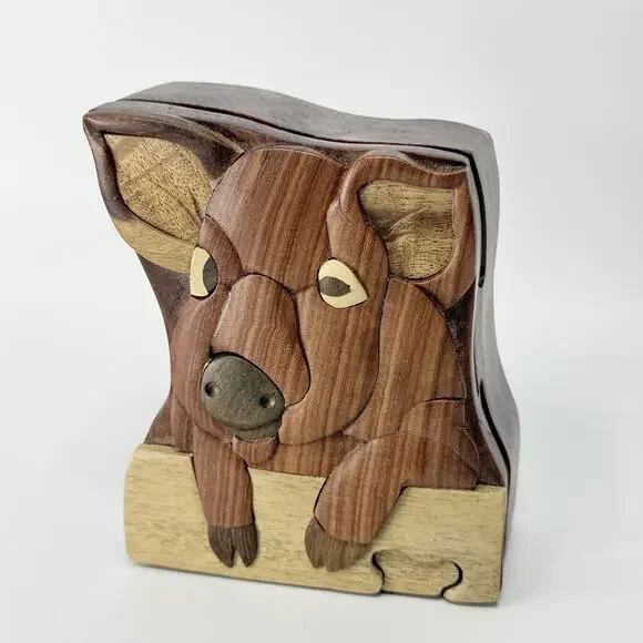Vintage Wood Pig Puzzle Box Secret Closure Trinket Box Complete 4.5