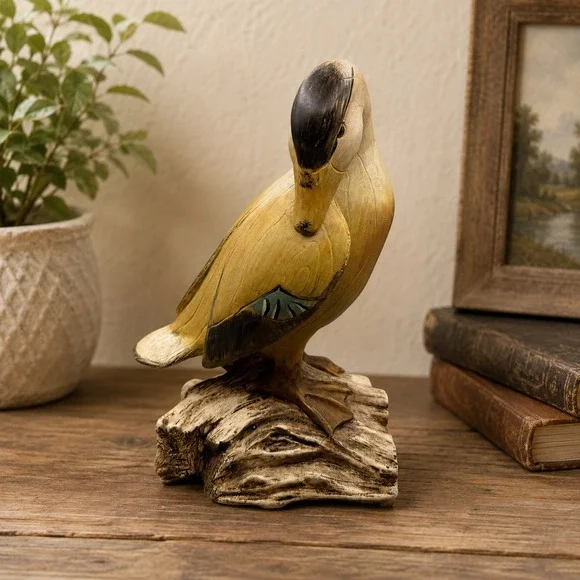 Rustic Preening Duck Figurine Hand Painted Resin Faux Wood Grain Mallard Decoy