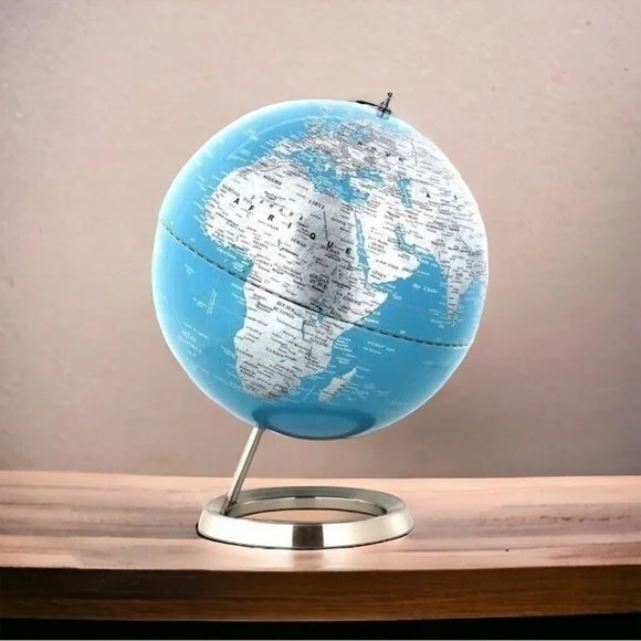 Modern World Globe Chrome Base Blue Silver Black Enamel 15.5” Home Office Decor