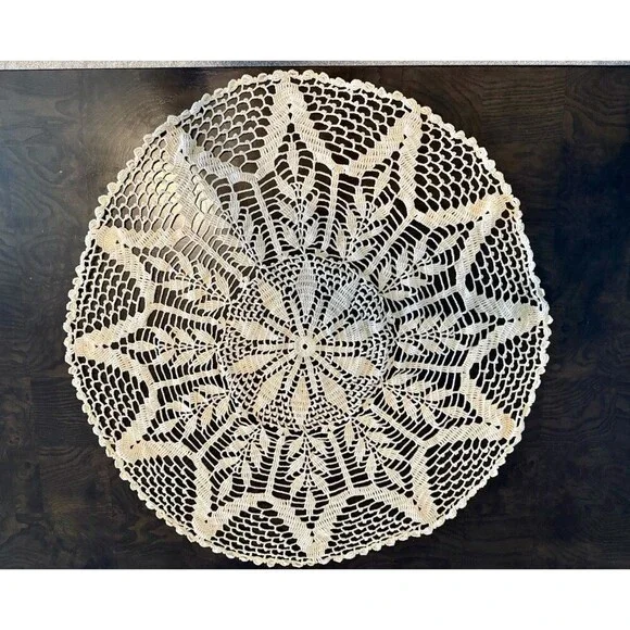 Vintage Handmade XL Crochet Doily Table Topper 27” Beige Ecru
