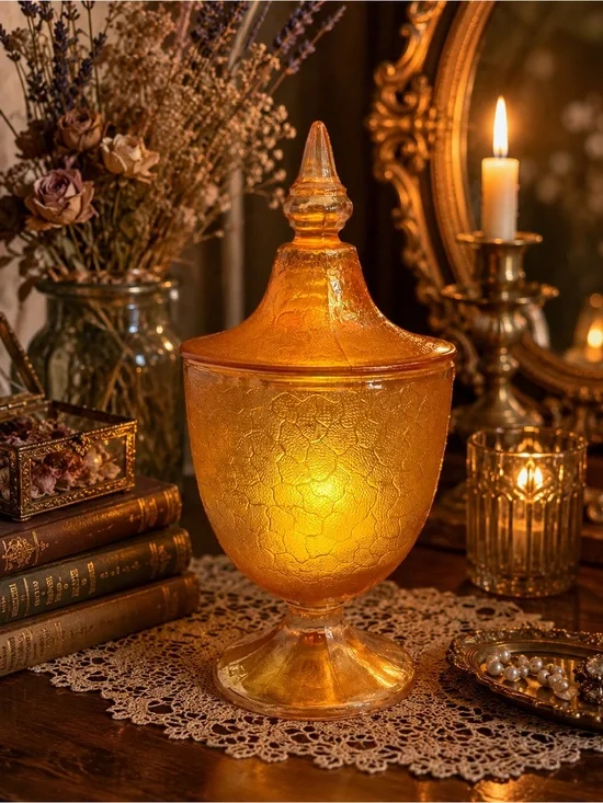 Vintage Marigold Carnival Glass Apothecary Fairy Lamp Pedestal Jar