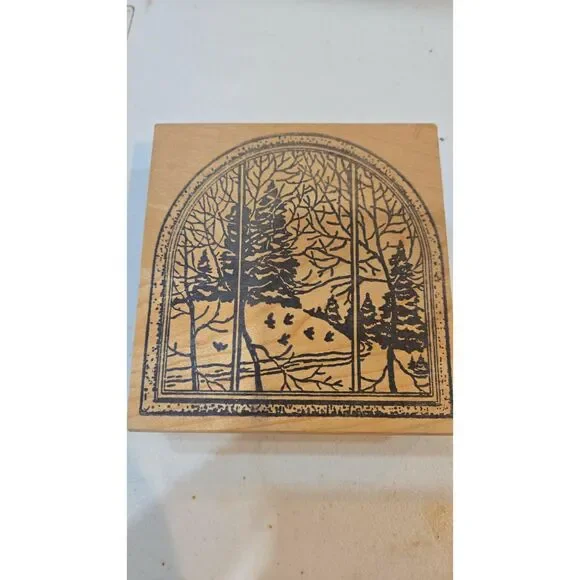 Magenta Rubber Stamp Archered Window Pane Winter Scene Pine Trees Nature Holiday