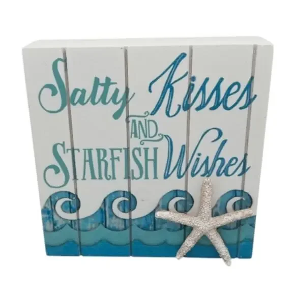 🔥 Salty Kisses and Starfish Wishes Wooden Sign Coastal Beach Decor NEW