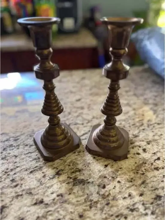 Pair of brass table candlesticks decor