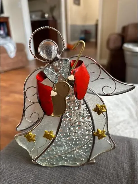 Decorative Stained Glass Angel Figurine with Red and Gold Accents