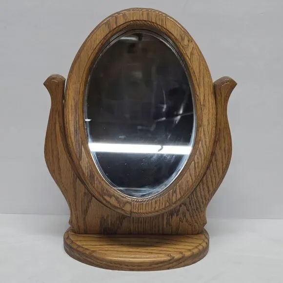 Vintage Mirror Oak Wood Circular Frame Swivel Vanity Mirror Magnified Makeup