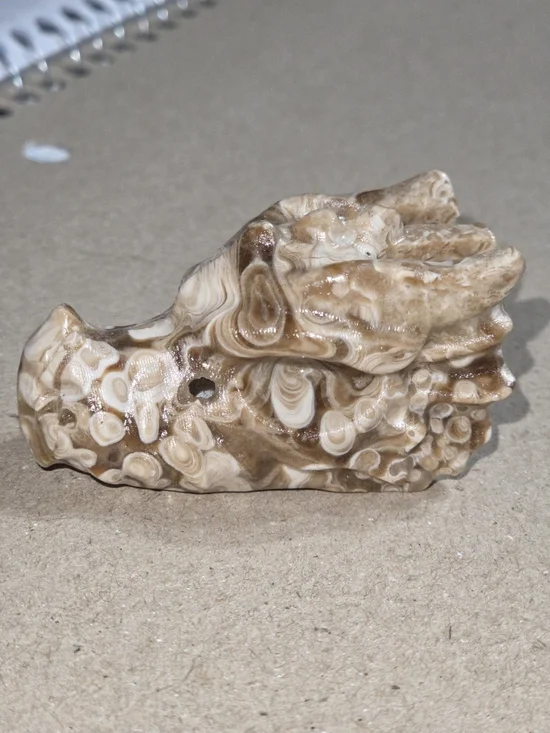 Detailed Banded Chocolate Calcite Crystal Carved Dragon Head Stone Sculpture