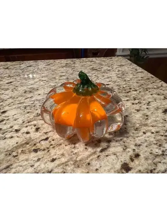 Hand Blown Orange Art Glass Pumpkin Sculpture w/ Green Glass Stem