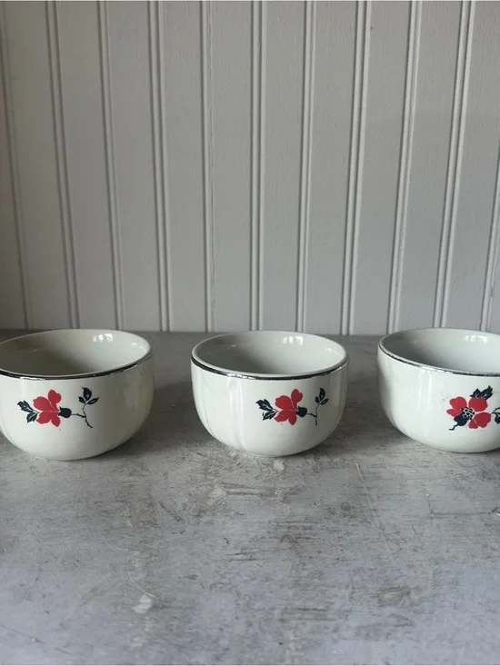 Vintage Hall's Superior Red Poppy 3.5” Custard Cups Set Of 3 Ceramic Platinum